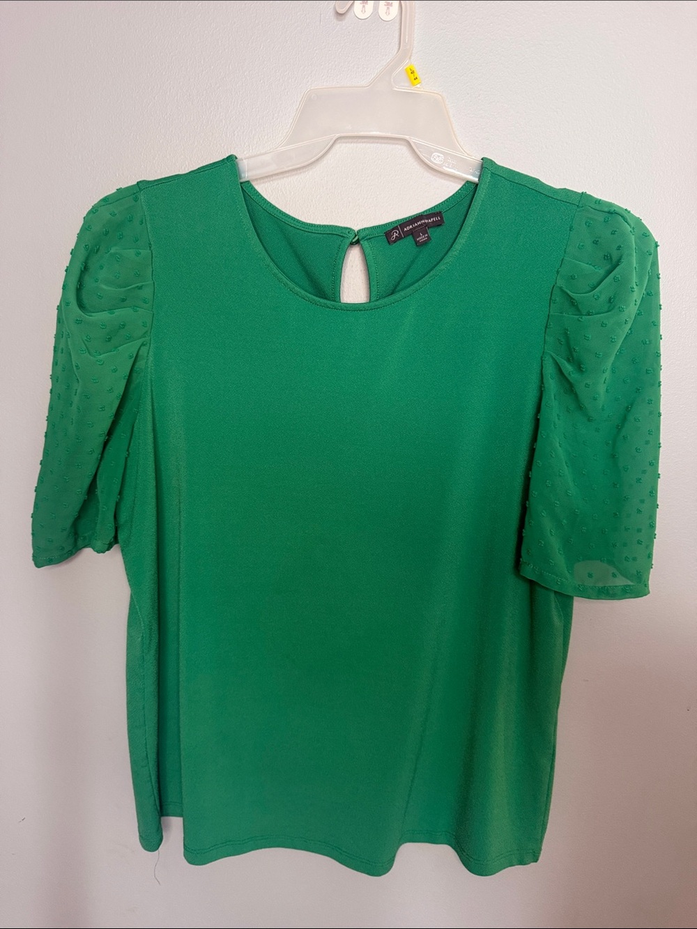 Adrianna Papell Emerald Green Short Sleeve Blouse with Dotted Chiffon Sleeves